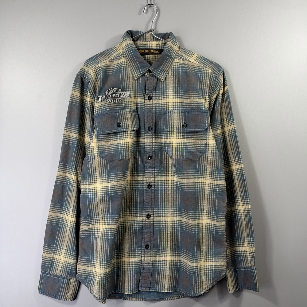 Y2K Harley-Davidson Shirt Mens Medium Blue Plaid Flannel Button Up Biker